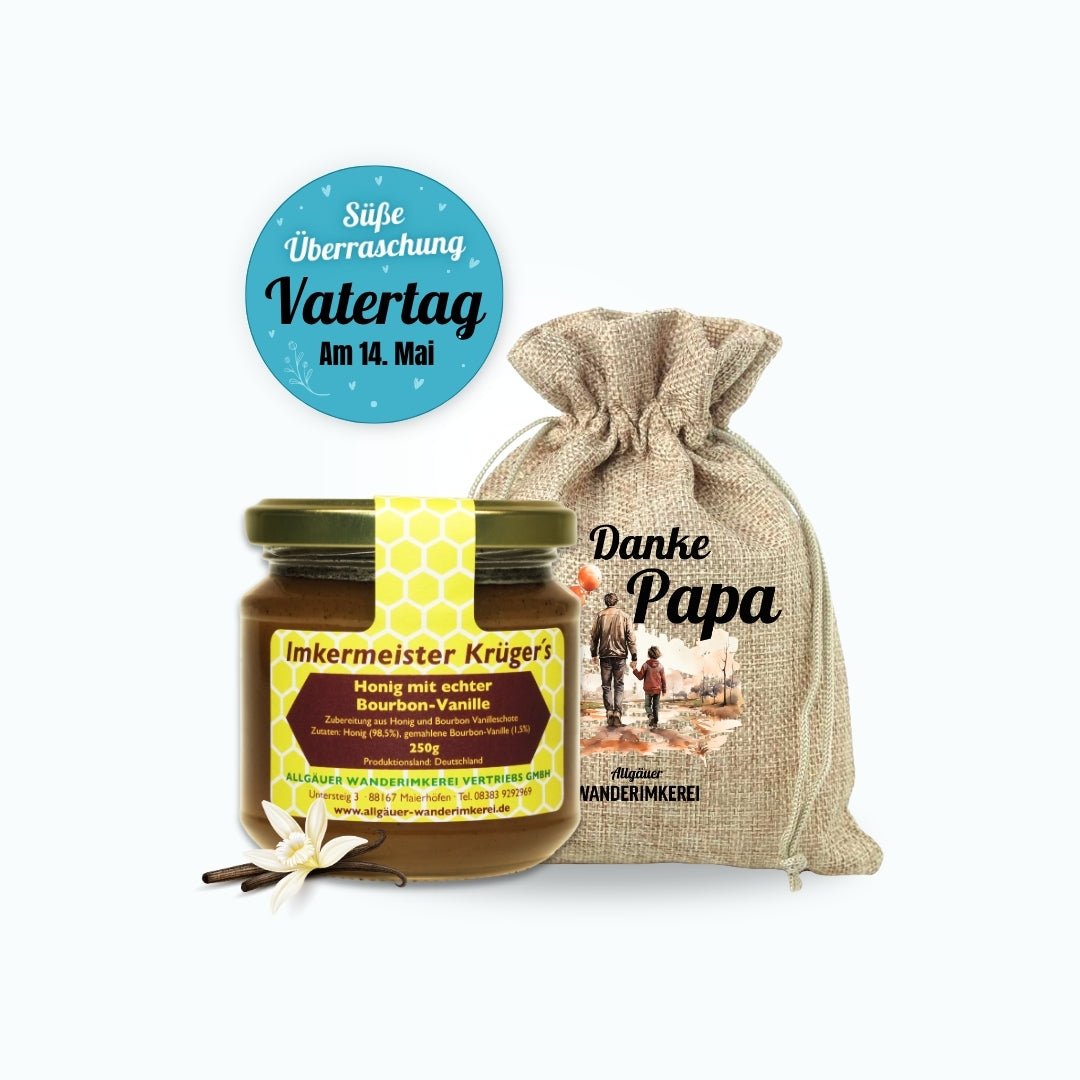Honig mit echter Bourbon-Vanille im Geschenksäckchen zum Vatertag verschenken, Allgäuer Wanderimkerei