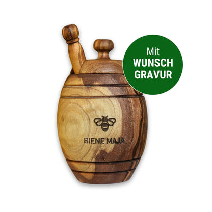 Honigtopf mit Wunsch-Gravur und Honiglöffel aus echtem Olivenholz von der Allgäuer Wanderimkerei