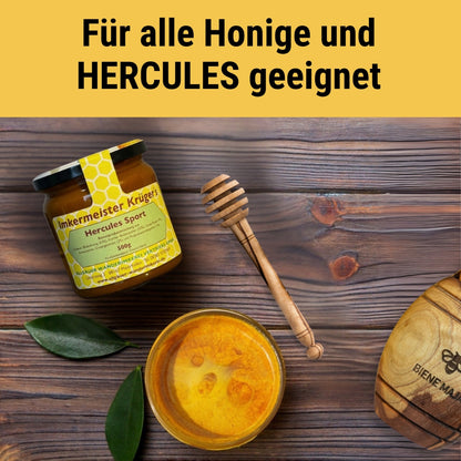 Honigtopf mit persönlicher Gravur und Honiglöffel aus echtem Olivenholz von der Allgäuer Wanderimkerei, für alle Honige und Hercules