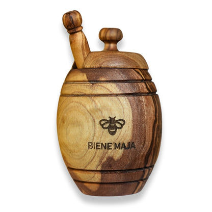 Honigtopf mit Gravur und Honiglöffel im Leinenbeutel von der Allgäuer Wanderimkerei