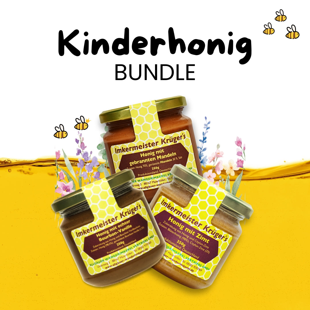 Kinderhonig Bundle mit Honig mit echter Bourbon-Vanille, Zimt mit Honig, Honig mit gebrannten Mandeln, limitierte Edition von der Allgäuer Wanderimkerei, direkt vom Imker