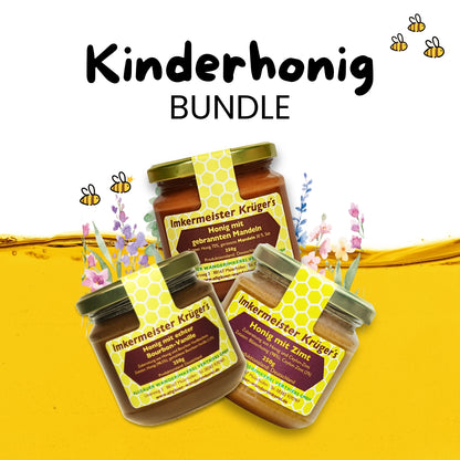 Kinderhonig Bundle mit Honig mit echter Bourbon-Vanille, Zimt mit Honig, Honig mit gebrannten Mandeln, limitierte Edition von der Allgäuer Wanderimkerei, direkt vom Imker