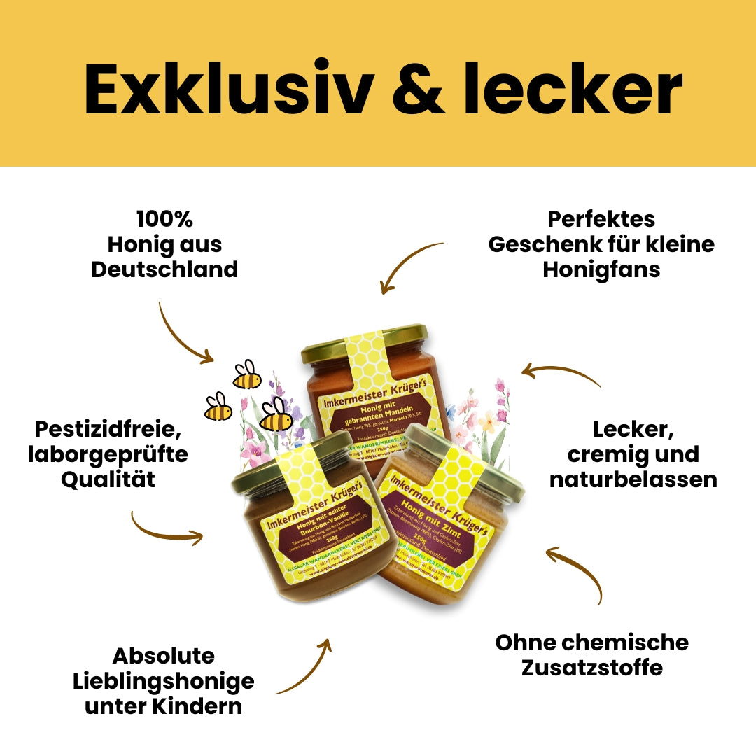 Kinderhonig Bundle mit Honig mit echter Bourbon-Vanille, Zimt mit Honig, Honig mit gebrannten Mandeln, limitierte Edition von der Allgäuer Wanderimkerei, direkt vom Imker