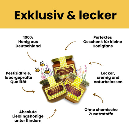 Kinderhonig Bundle mit Honig mit echter Bourbon-Vanille, Zimt mit Honig, Honig mit gebrannten Mandeln, limitierte Edition von der Allgäuer Wanderimkerei, direkt vom Imker