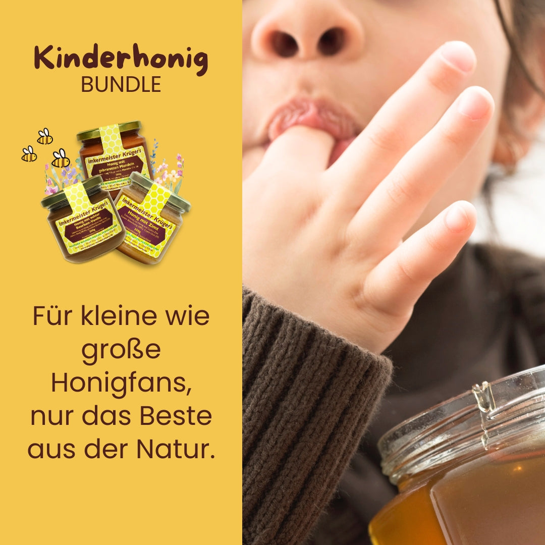 Kinderhonig Bundle mit Honig mit echter Bourbon-Vanille, Zimt mit Honig, Honig mit gebrannten Mandeln, limitierte Edition von der Allgäuer Wanderimkerei, direkt vom Imker