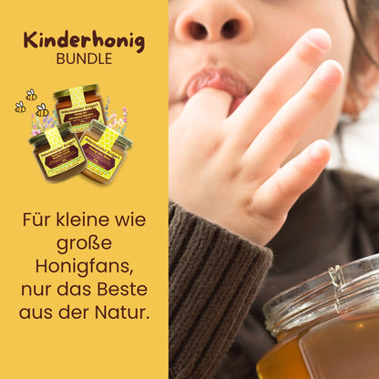 Kinderhonig Bundle mit Honig mit echter Bourbon-Vanille, Zimt mit Honig, Honig mit gebrannten Mandeln, limitierte Edition von der Allgäuer Wanderimkerei, direkt vom Imker