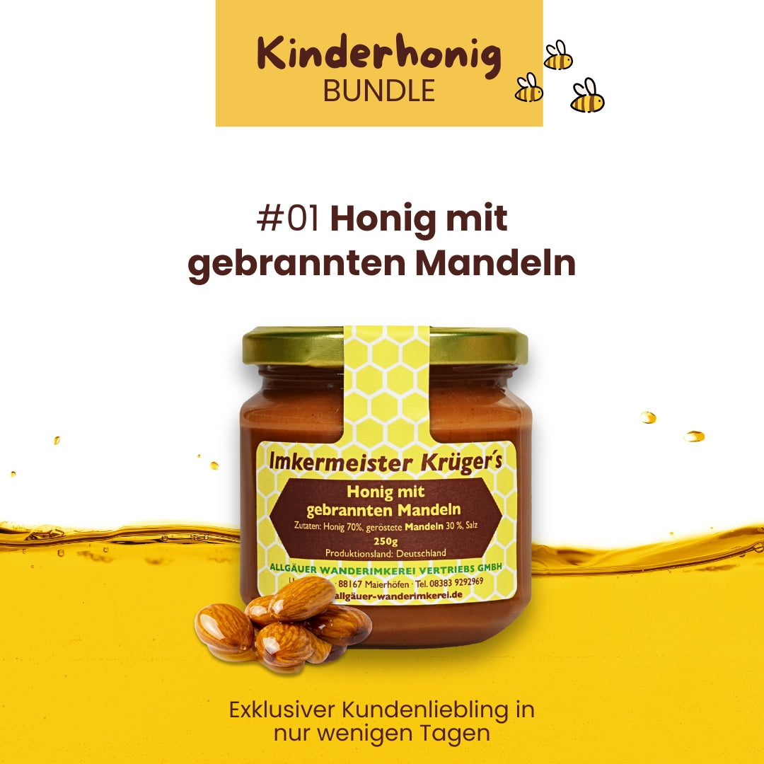 Kinderhonig Bundle mit Honig mit echter Bourbon-Vanille, Zimt mit Honig, Honig mit gebrannten Mandeln, limitierte Edition von der Allgäuer Wanderimkerei, direkt vom Imker