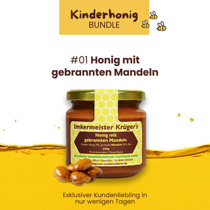 Kinderhonig Bundle mit Honig mit echter Bourbon-Vanille, Zimt mit Honig, Honig mit gebrannten Mandeln, limitierte Edition von der Allgäuer Wanderimkerei, direkt vom Imker