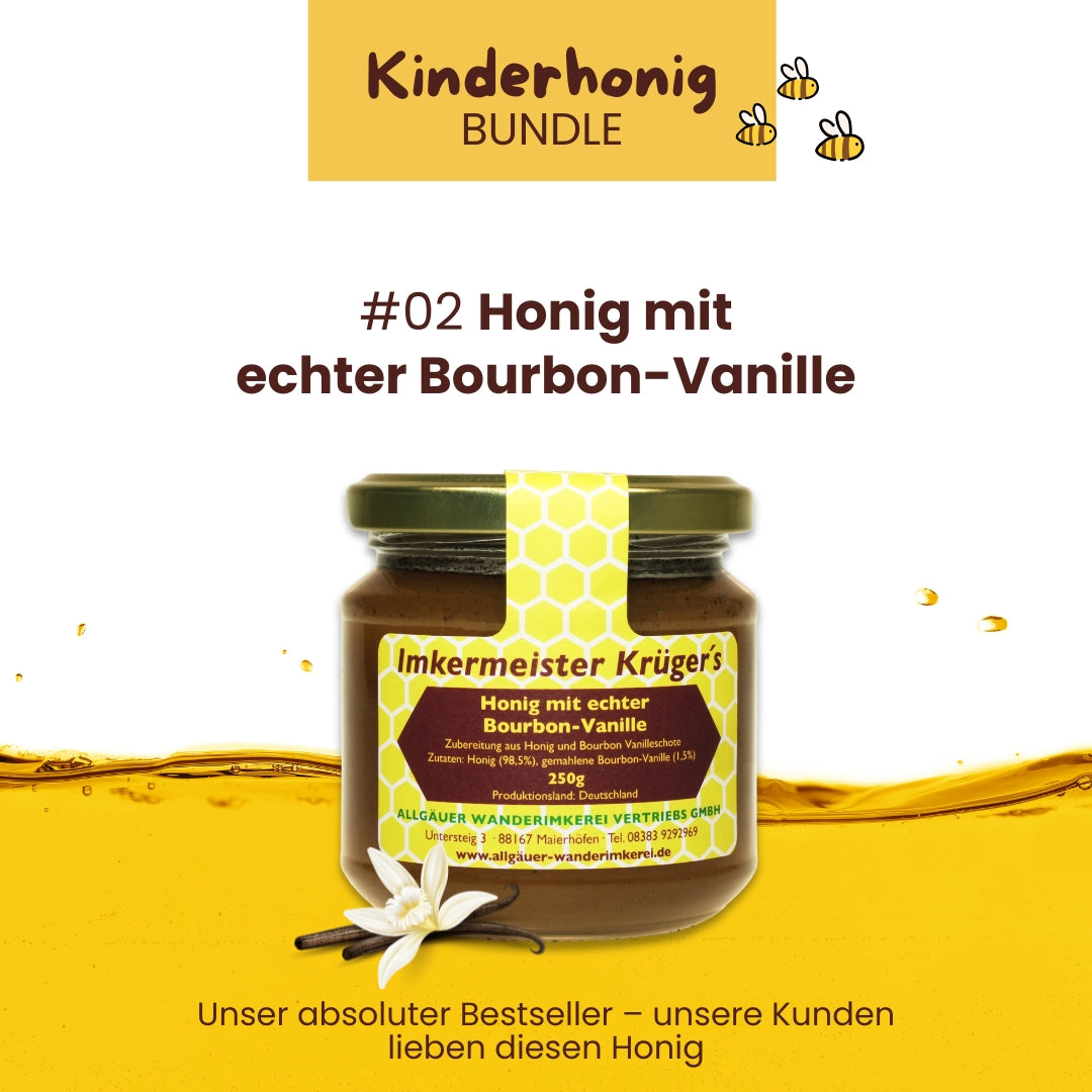 Kinderhonig Bundle mit Honig mit echter Bourbon-Vanille, Zimt mit Honig, Honig mit gebrannten Mandeln, limitierte Edition von der Allgäuer Wanderimkerei, direkt vom Imker