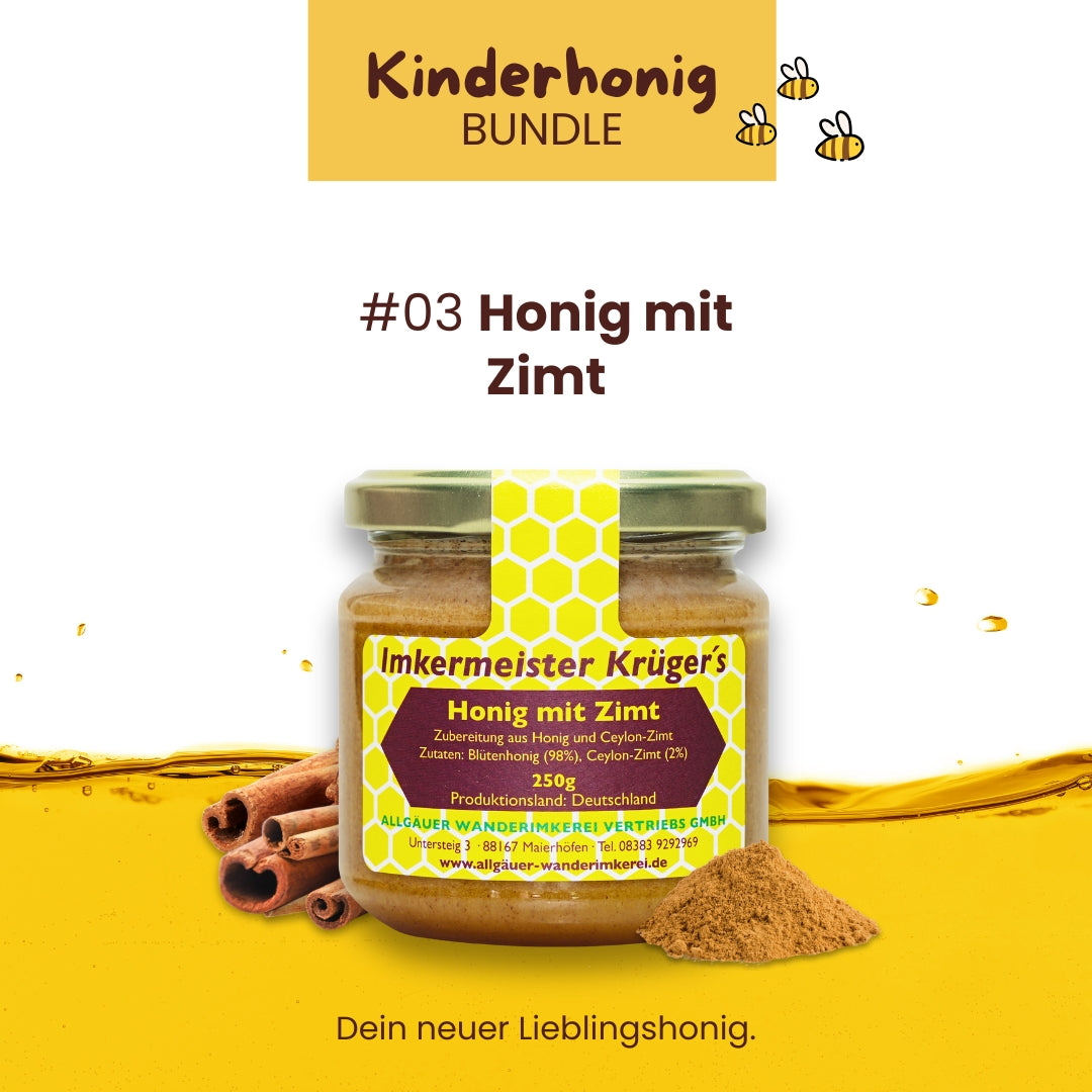 Kinderhonig Bundle mit Honig mit echter Bourbon-Vanille, Zimt mit Honig, Honig mit gebrannten Mandeln, limitierte Edition von der Allgäuer Wanderimkerei, direkt vom Imker