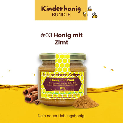 Kinderhonig Bundle mit Honig mit echter Bourbon-Vanille, Zimt mit Honig, Honig mit gebrannten Mandeln, limitierte Edition von der Allgäuer Wanderimkerei, direkt vom Imker