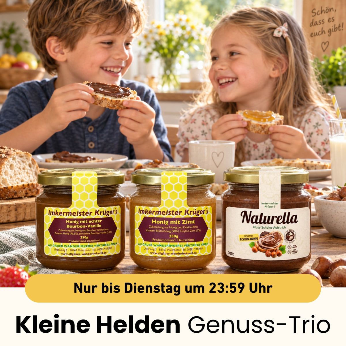 Kleine Helden Genuss-Trio mit Honig mit echter Bourbon-Vanille 250g, Honig mit Zimt 250g und Naturella 200g in einem Set zum reduzierten Preis von 20€ statt 24€, nur für kurze Zeit zum Weltkindertag von der Allgäuer Wanderimkerei