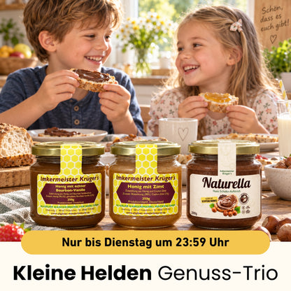 Kleine Helden Genuss-Trio mit Honig mit echter Bourbon-Vanille 250g, Honig mit Zimt 250g und Naturella 200g in einem Set zum reduzierten Preis von 20€ statt 24€, nur für kurze Zeit zum Weltkindertag von der Allgäuer Wanderimkerei