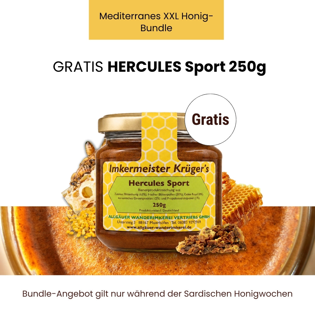 Mediterranes XXL Honig-Bundle mit Mediterraner Macchiahonig 500g, Distelhonig cremig 500g, Zistrosenhonig 500g, Frühjahrsblütenhonig 500g, Eukalyptushonig 500g, Baumheidehonig 500g, Natternkopfhonig cremig 250g,  Korianderhonig cremig 500g und GRATIS HERCULES Sport 250g von der Allgäuer Wanderimkerei, nur für kurze Zeit_11