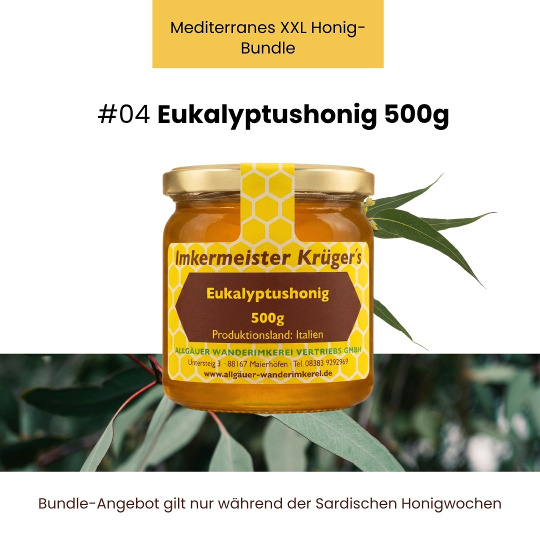 Mediterranes XXL Honig-Bundle mit Mediterraner Macchiahonig 500g, Distelhonig cremig 500g, Zistrosenhonig 500g, Frühjahrsblütenhonig 500g, Eukalyptushonig 500g, Baumheidehonig 500g, Natternkopfhonig cremig 250g,  Korianderhonig cremig 500g und GRATIS HERCULES Sport 250g von der Allgäuer Wanderimkerei, nur für kurze Zeit_06