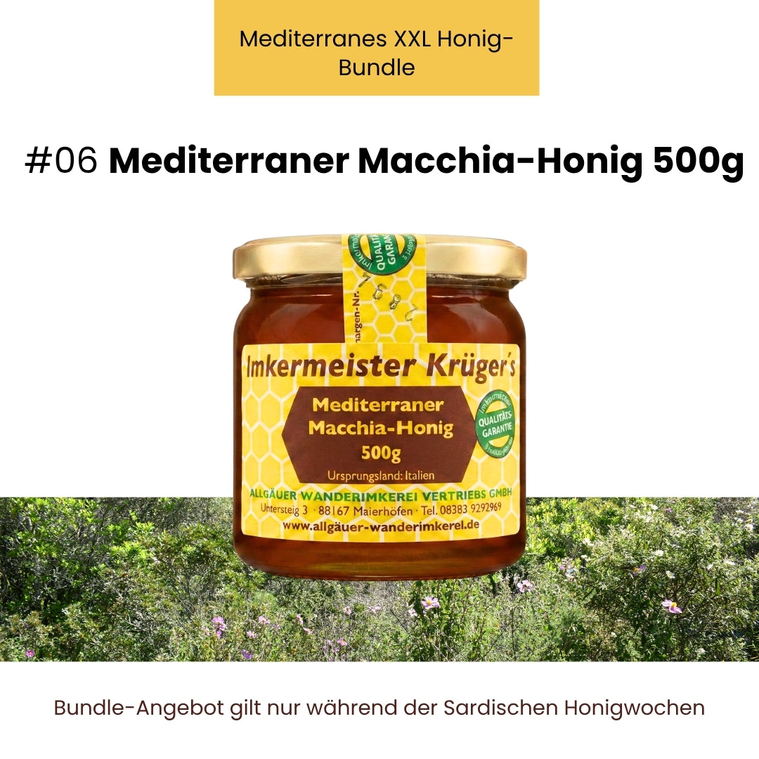 Mediterranes XXL Honig-Bundle mit Mediterraner Macchiahonig 500g, Distelhonig cremig 500g, Zistrosenhonig 500g, Frühjahrsblütenhonig 500g, Eukalyptushonig 500g, Baumheidehonig 500g, Natternkopfhonig cremig 250g,  Korianderhonig cremig 500g und GRATIS HERCULES Sport 250g von der Allgäuer Wanderimkerei, nur für kurze Zeit_08