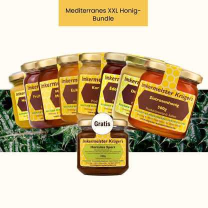 Mediterranes XXL Honig-Bundle mit Mediterraner Macchiahonig 500g, Distelhonig cremig 500g, Zistrosenhonig 500g, Frühjahrs-Blütenhonig 500g, Eukalyptushonig 500g, Edelkastanienhonig 500g, Natternkopfhonig cremig 250g,  Korianderhonig cremig 500g und GRATIS HERCULES Sport 250g von der Allgäuer Wanderimkerei, nur für kurze Zeit