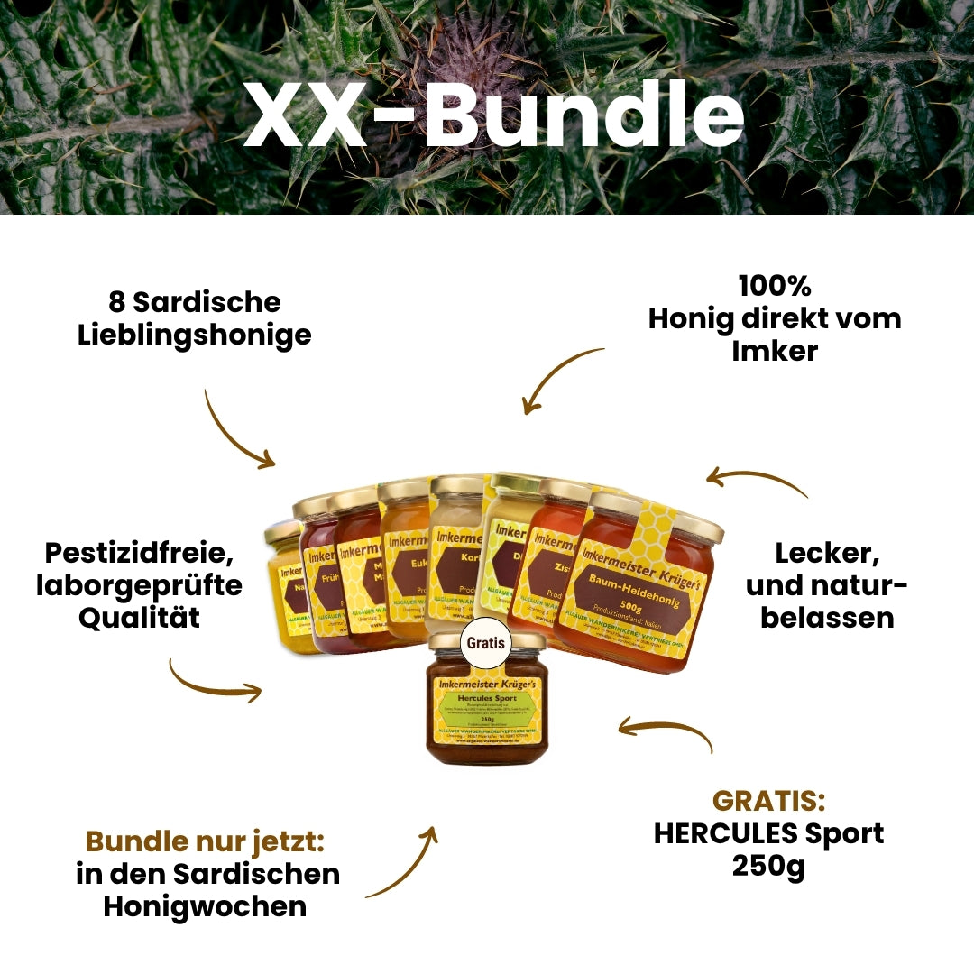Mediterranes XXL Honig-Bundle mit Mediterraner Macchiahonig 500g, Distelhonig cremig 500g, Zistrosenhonig 500g, Frühjahrsblütenhonig 500g, Eukalyptushonig 500g, Baumheidehonig 500g, Natternkopfhonig cremig 250g,  Korianderhonig cremig 500g und GRATIS HERCULES Sport 250g von der Allgäuer Wanderimkerei, nur für kurze Zeit_02