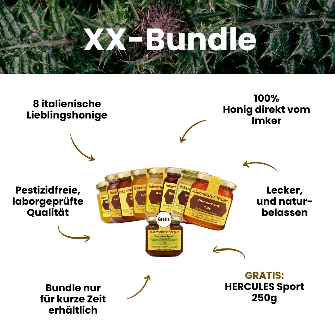 Mediterranes XXL Honig-Bundle mit 8 ausgewählten italienischen Honigen und GRATIS HERCULES Sport 250g von der Allgäuer Wanderimkerei