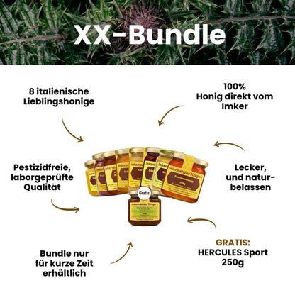 Mediterranes XXL Honig-Bundle mit 8 ausgewählten italienischen Honigen und GRATIS HERCULES Sport 250g von der Allgäuer Wanderimkerei