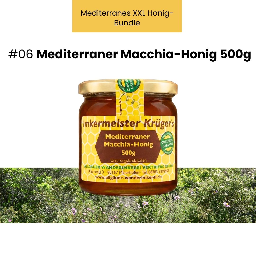Mediterranes XXL Honig-Bundle mit 8 ausgewählten italienischen Honigen und GRATIS HERCULES Sport 250g von der Allgäuer Wanderimkerei, Mediterraner Macchia-Honig 500g