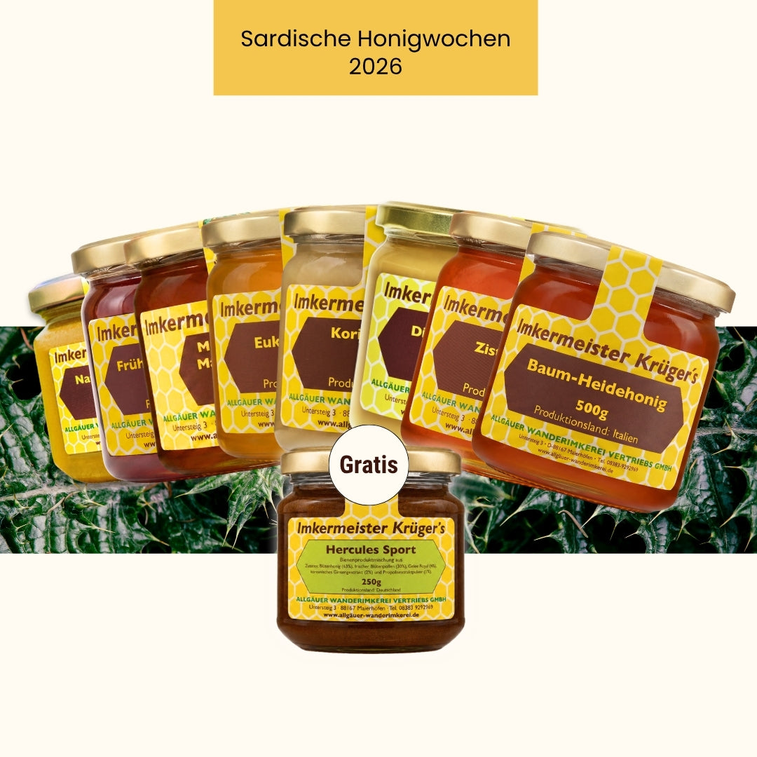 Mediterranes XXL Honig-Bundle mit Mediterraner Macchiahonig 500g, Distelhonig cremig 500g, Zistrosenhonig 500g, Frühjahrsblütenhonig 500g, Eukalyptushonig 500g, Baumheidehonig 500g, Natternkopfhonig cremig 250g,  Korianderhonig cremig 500g und GRATIS HERCULES Sport 250g von der Allgäuer Wanderimkerei, nur für kurze Zeit
