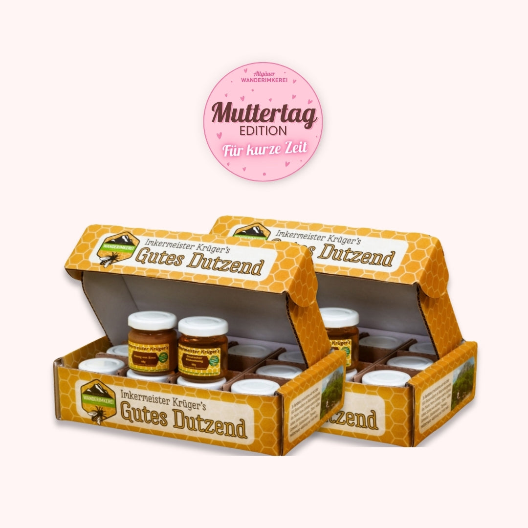 Verschenke zum Muttertag 2x das Gute Dutzend Honigprobierset mit 12 ausgewählten Honigen von der Allgäuer Wanderimkerei