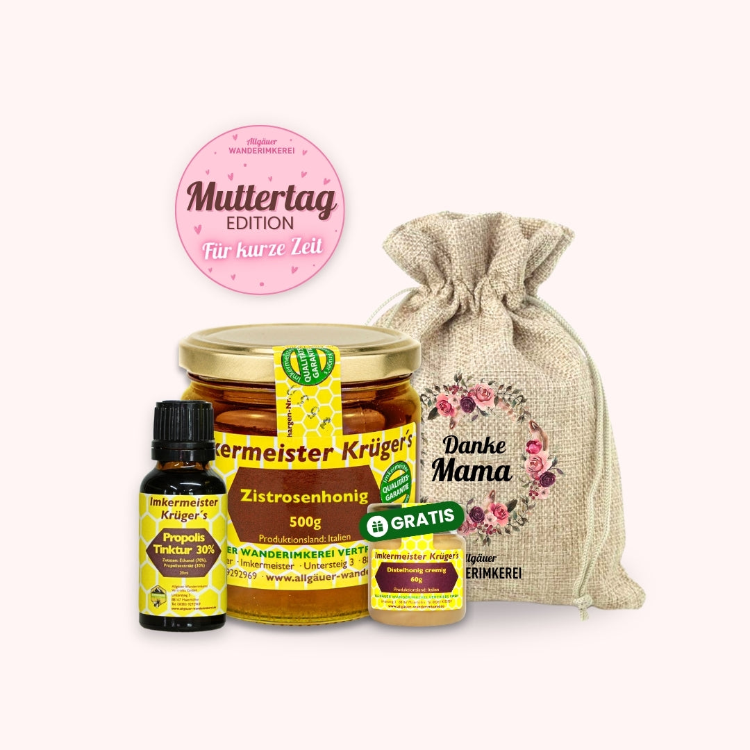 Bienenkraft Geschenkset zum Muttertag verschenken mit Zistrosenhonig + Gratis Distelhonig cremig 60g + Propolis Tinktur 30% im Geschenksäckchen Danke Mama von der Allgäuer Wanderimkerei