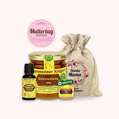 Bienenkraft Geschenkset zum Muttertag verschenken mit Zistrosenhonig + Gratis Distelhonig cremig 60g + Propolis Tinktur 30% im Geschenksäckchen Danke Mama von der Allgäuer Wanderimkerei