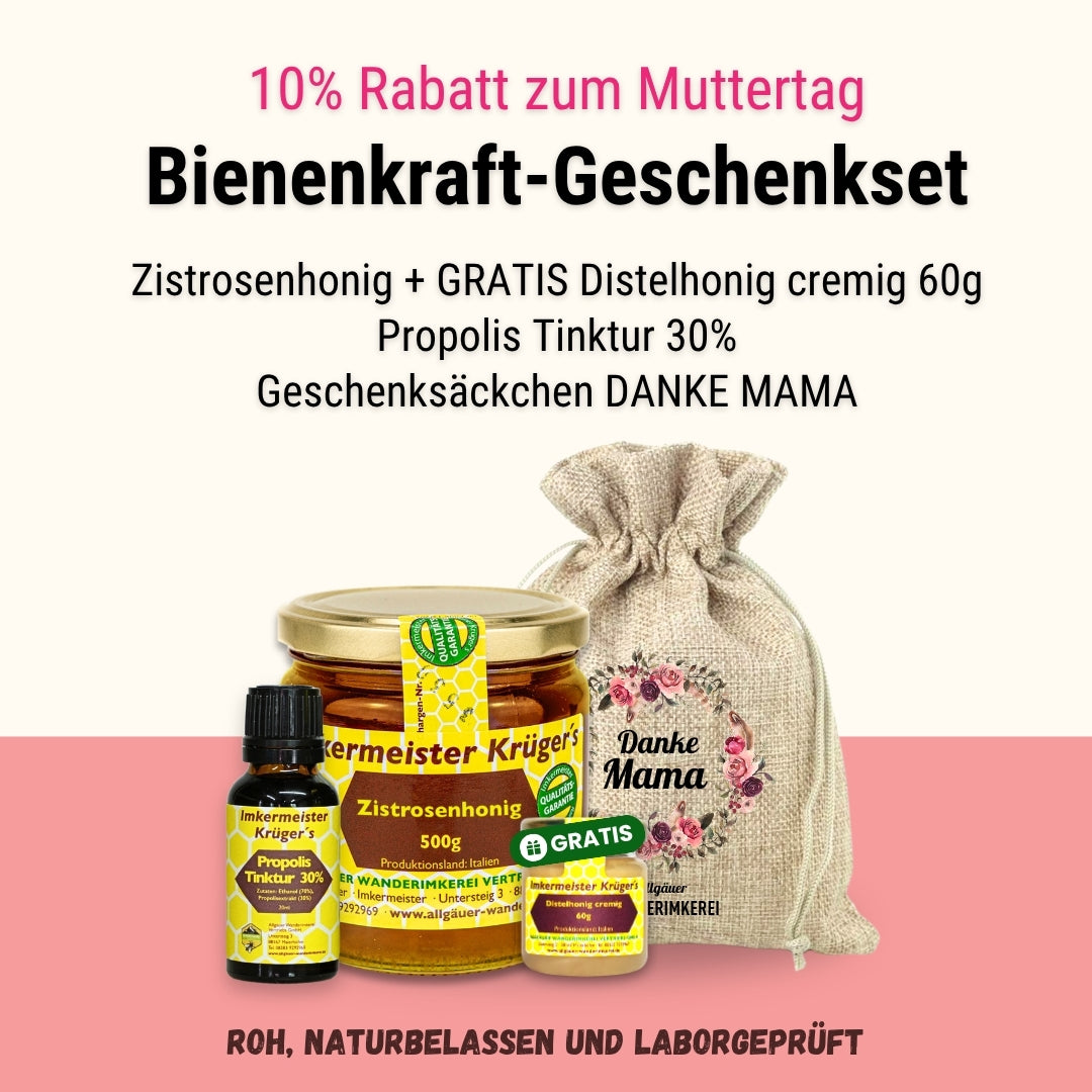 Bienenkraft Geschenkset zum Muttertag verschenken mit Zistrosenhonig + Gratis Distelhonig cremig 60g + Propolis Tinktur 30% im Geschenksäckchen Danke Mama von der Allgäuer Wanderimkerei
