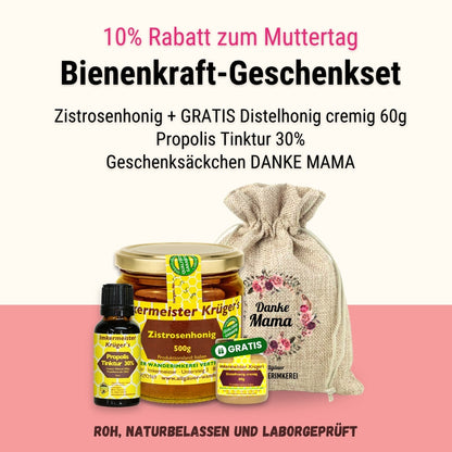 Bienenkraft Geschenkset zum Muttertag verschenken mit Zistrosenhonig + Gratis Distelhonig cremig 60g + Propolis Tinktur 30% im Geschenksäckchen Danke Mama von der Allgäuer Wanderimkerei