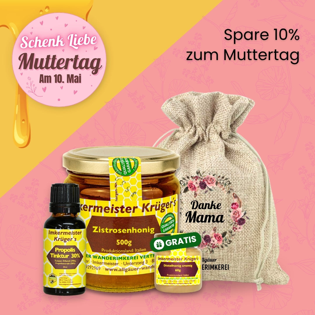 Bienenkraft Geschenkset zum Muttertag verschenken mit Zistrosenhonig + Gratis Distelhonig cremig 60g + Propolis Tinktur 30% im Geschenksäckchen Danke Mama von der Allgäuer Wanderimkerei