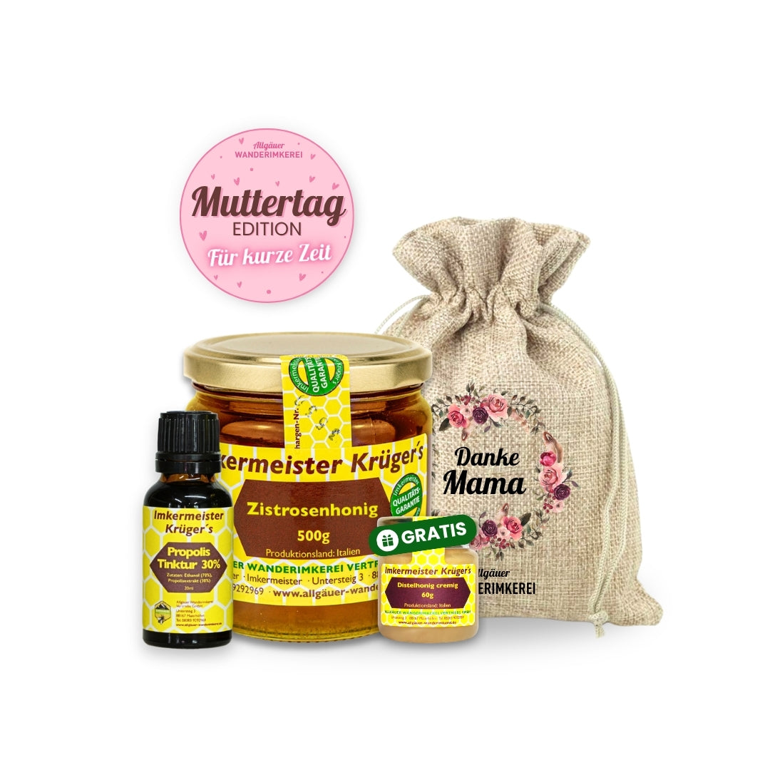 Verschenke zum Muttertag das Bienenstark-Geschenkset mit Zistrosenhonig 500g, Propolis Tinktur 30%, Geschenksäckchen Danke Mama und dem 60g Gratis-Glas Distelhonig cremig und spare 10%, nur von der Allgäuer Wanderimkerei_02