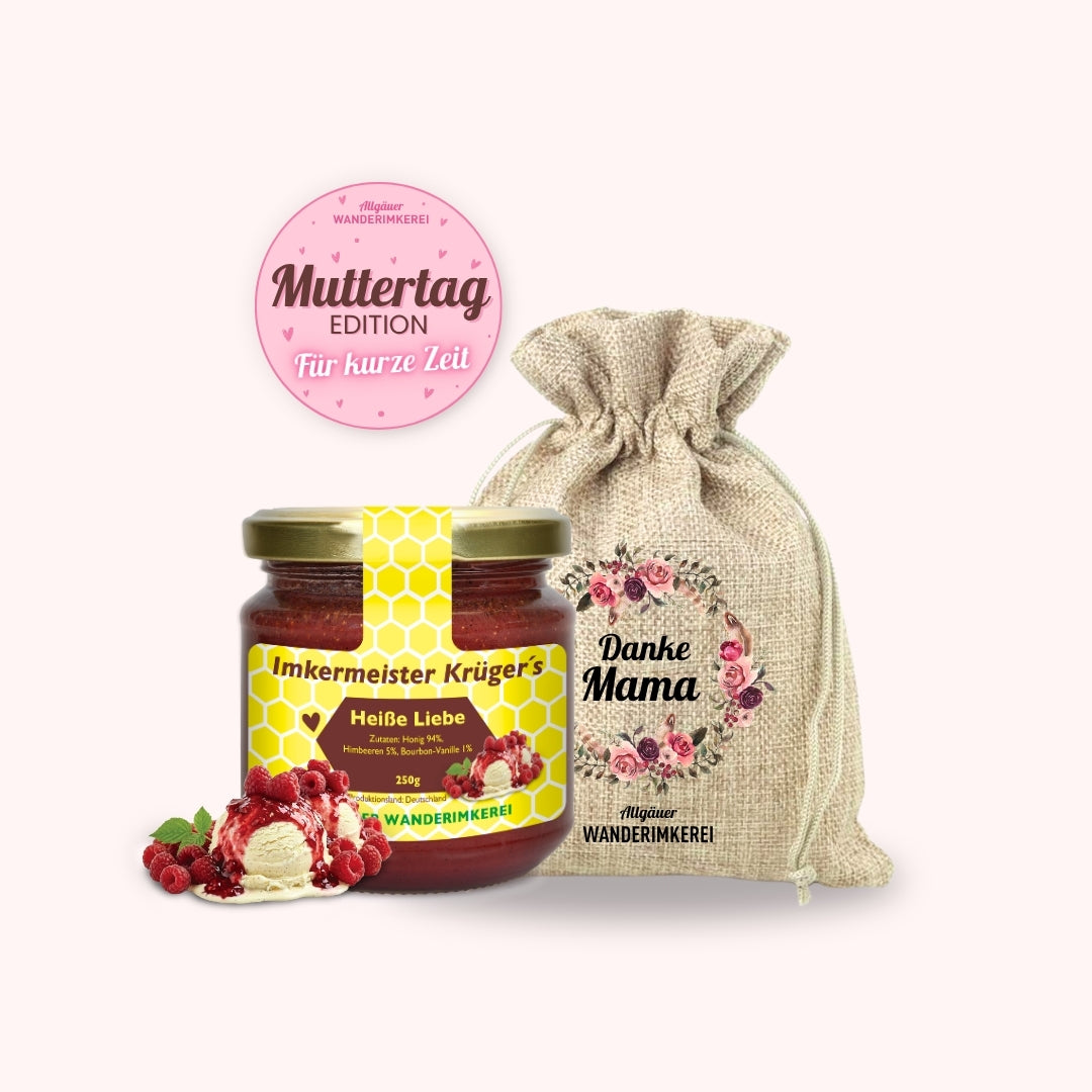 Heiße Liebe Honig mit Himbeeren und echter Bourbon-Vanille im Geschenksäckchen Danke Mama zum Muttertag verschenken, von der Allgäuer Wanderimkerei