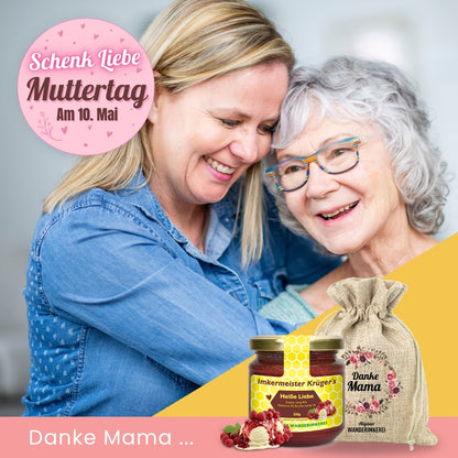 Heiße Liebe Honig mit Himbeeren und echter Bourbon-Vanille im Geschenksäckchen Danke Mama zum Muttertag verschenken, von der Allgäuer Wanderimkerei