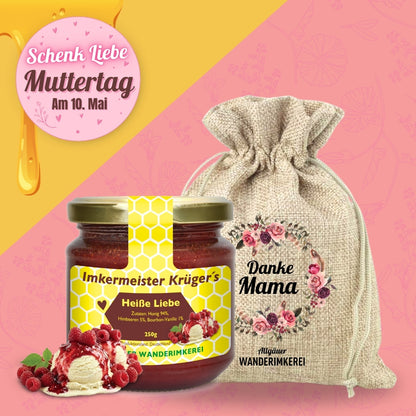 Heiße Liebe Honig mit Himbeeren und echter Bourbon-Vanille im Geschenksäckchen Danke Mama zum Muttertag verschenken, von der Allgäuer Wanderimkerei