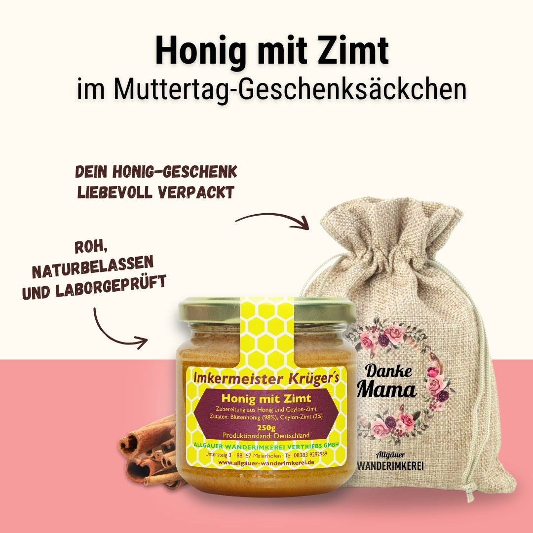 Honig mit Zimt im Geschenksäckchen Danke Mama zum Muttertag verschenken, von der Allgäuer Wanderimkerei