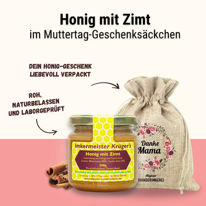 Honig mit Zimt im Geschenksäckchen Danke Mama zum Muttertag verschenken, von der Allgäuer Wanderimkerei
