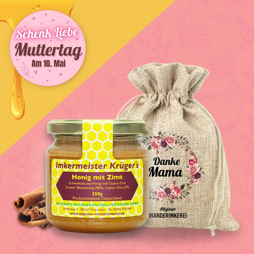 Honig mit Zimt im Geschenksäckchen Danke Mama zum Muttertag verschenken, von der Allgäuer Wanderimkerei