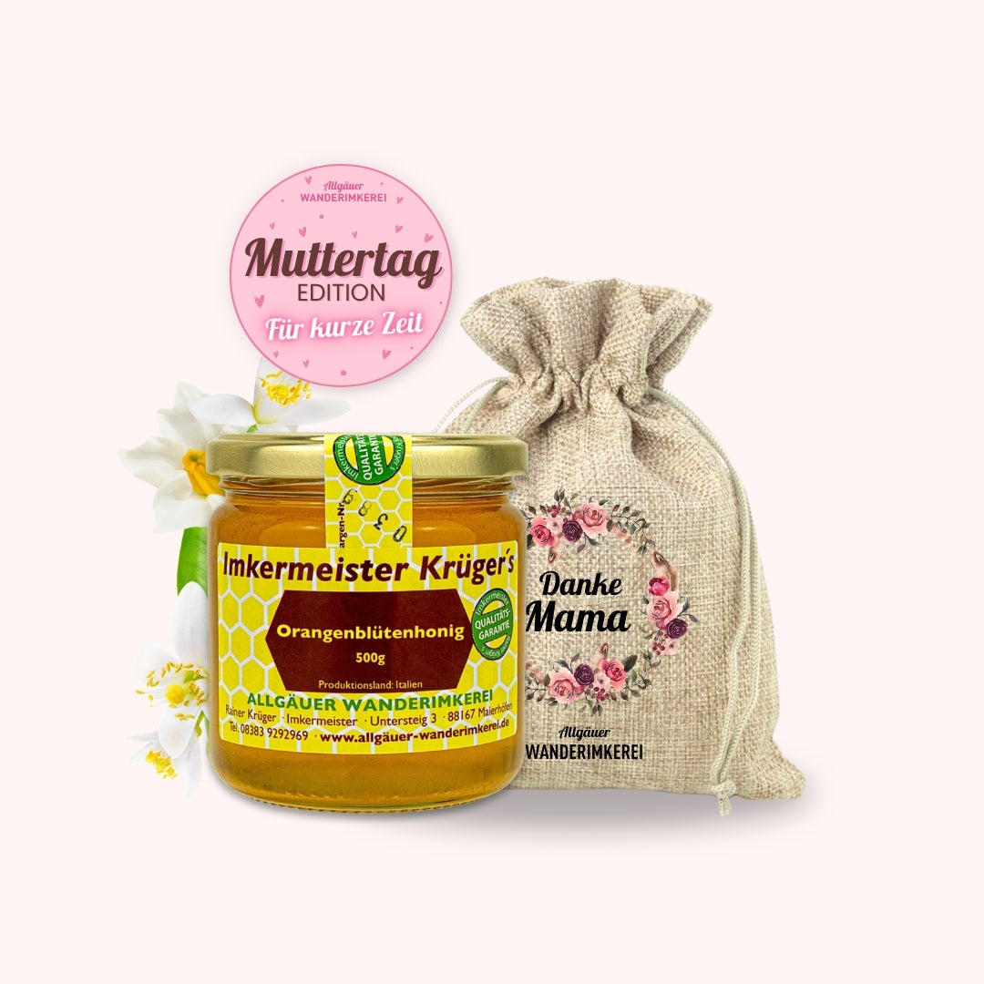 Orangenblütenhonig im Geschenksäckchen Danke Mama zum Muttertag verschenken, von der Allgäuer Wanderimkerei