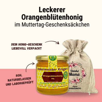 Orangenblütenhonig im Geschenksäckchen Danke Mama zum Muttertag verschenken, von der Allgäuer Wanderimkerei