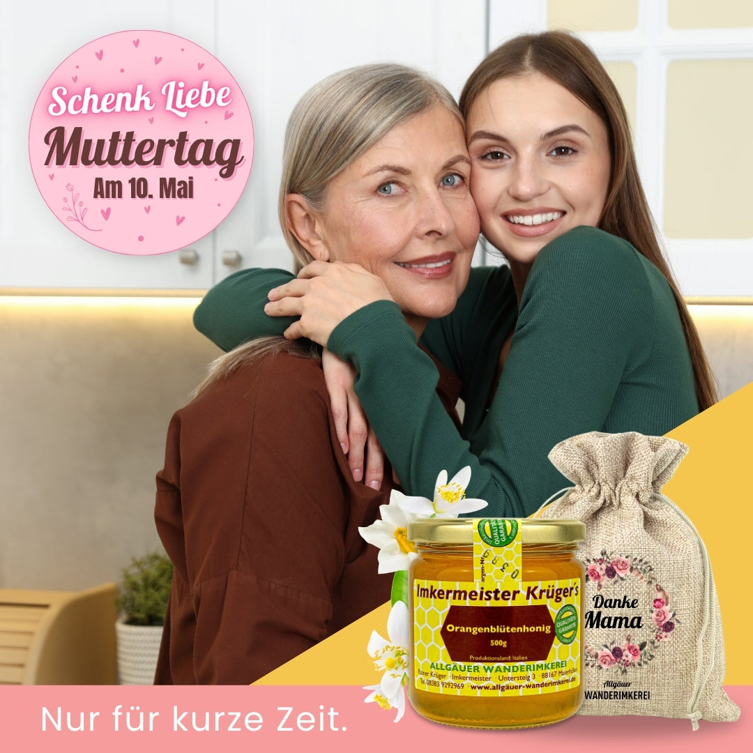 Orangenblütenhonig im Geschenksäckchen Danke Mama zum Muttertag verschenken, von der Allgäuer Wanderimkerei