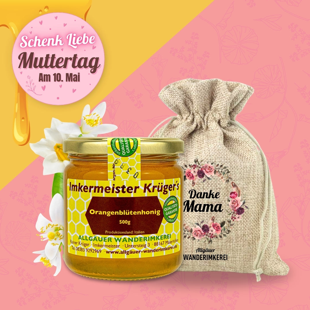Orangenblütenhonig im Geschenksäckchen Danke Mama zum Muttertag verschenken, von der Allgäuer Wanderimkerei