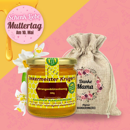 Orangenblütenhonig im Geschenksäckchen Danke Mama zum Muttertag verschenken, von der Allgäuer Wanderimkerei