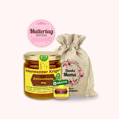 Zistrosenhonig 500g und Distelhonig cremig GRATIS 60g im Geschenksäckchen Danke Mama zum Muttertag verschenken, von der Allgäuer Wanderimkerei
