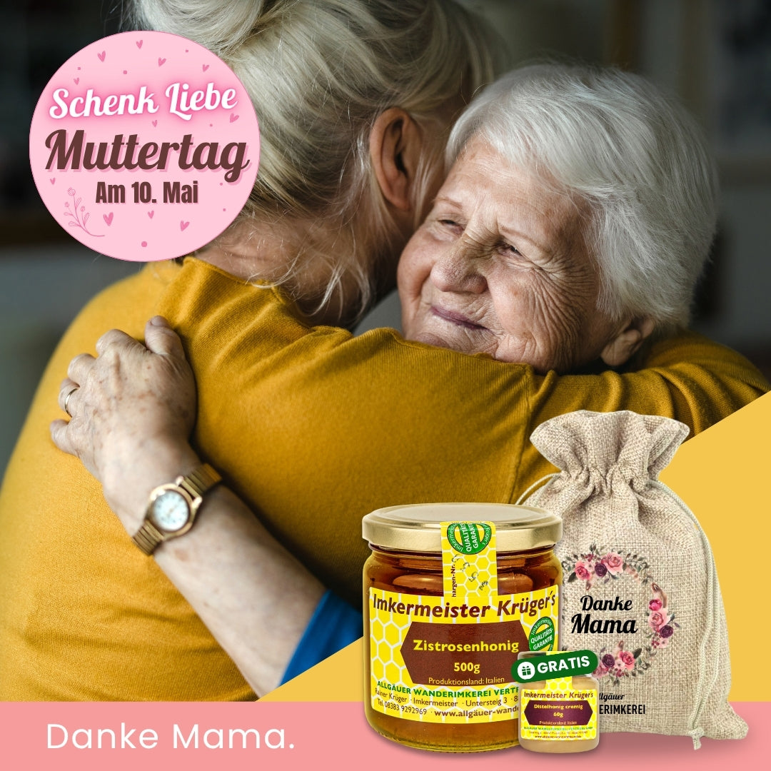 Zistrosenhonig 500g und Distelhonig cremig GRATIS 60g im Geschenksäckchen Danke Mama zum Muttertag verschenken, von der Allgäuer Wanderimkerei