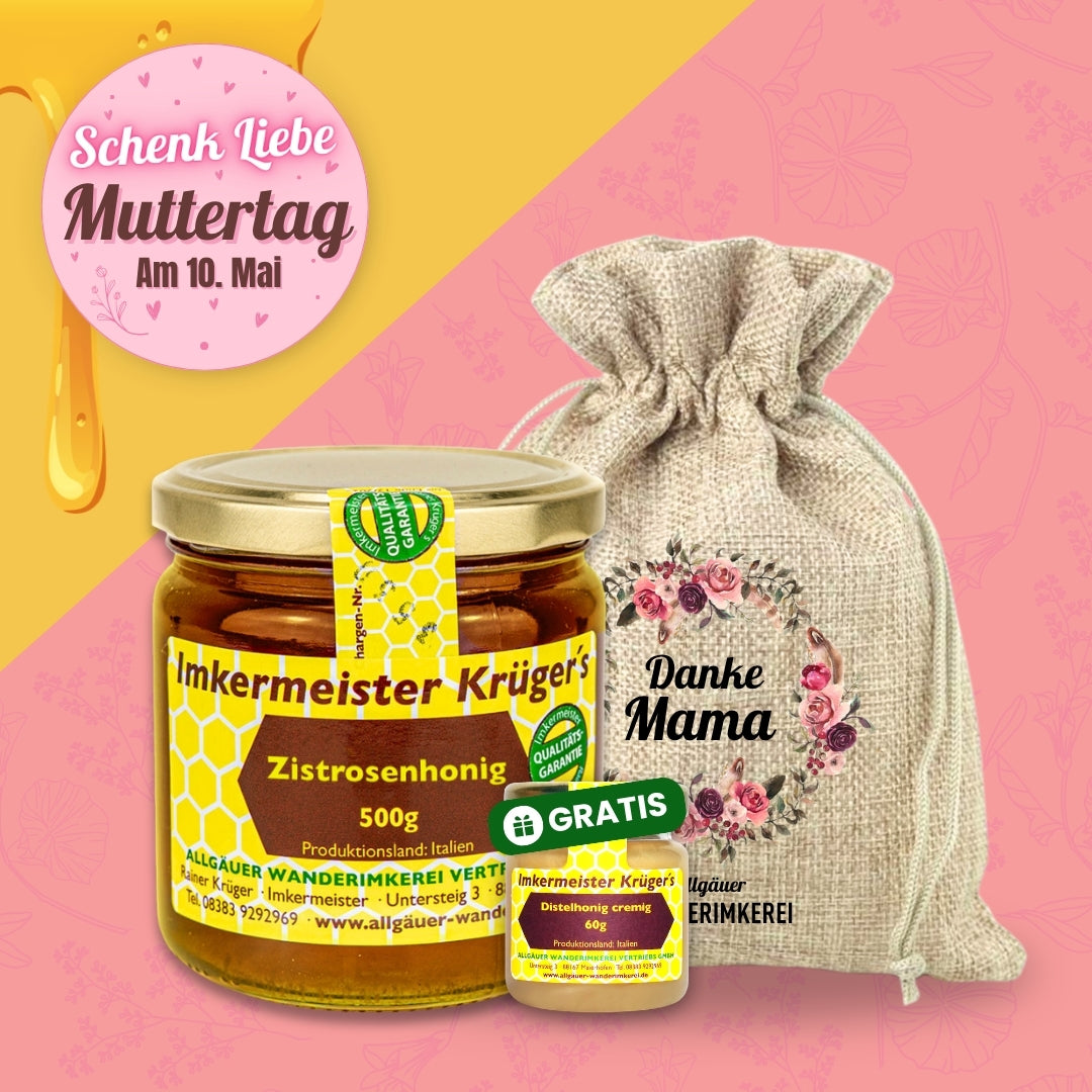 Zistrosenhonig 500g und Distelhonig cremig GRATIS 60g im Geschenksäckchen Danke Mama zum Muttertag verschenken, von der Allgäuer Wanderimkerei