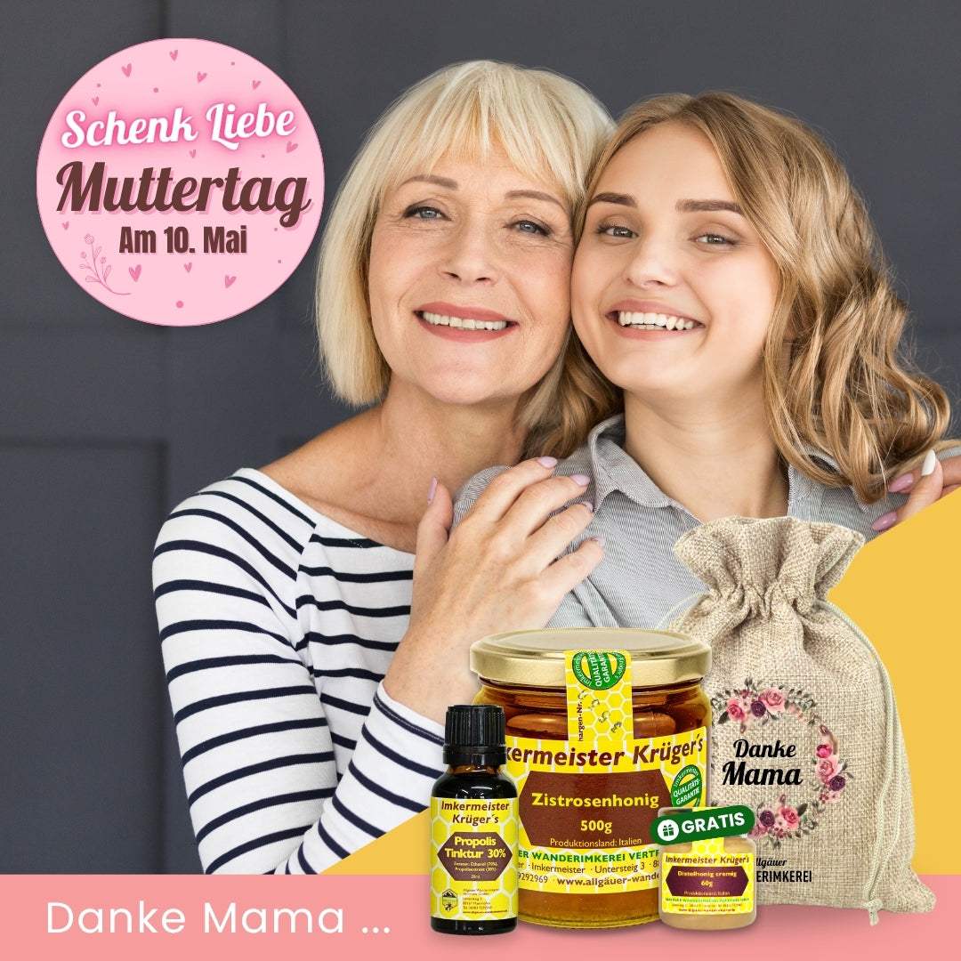 Verschenke zum Muttertag das Bienenstark-Geschenkset mit Zistrosenhonig 500g, Propolis Tinktur 30%, Geschenksäckchen Danke Mama und dem 60g Gratis-Glas Distelhonig cremig und spare 10%, nur von der Allgäuer Wanderimkerei