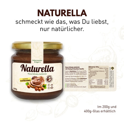 Naturella Nuss-Schoko-Aufstrich, Nährwertangabe auf Rückseite Rückseite von der Allgäuer Wanderimkerei