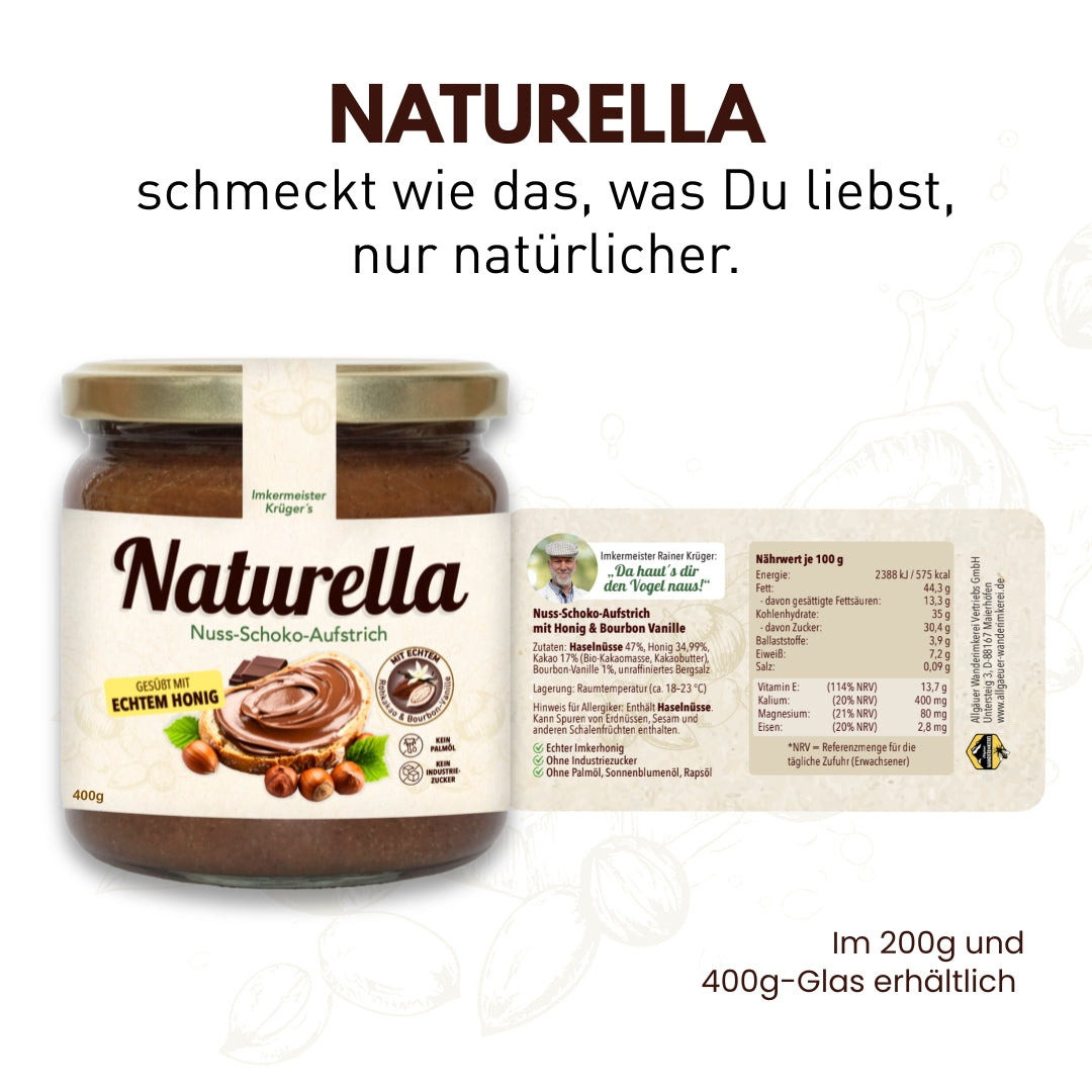 Naturella Nuss-Schoko-Aufstrich mit Imkerhonig gesüßt & echter Bourbon-Vanille verfeinert, Ohne Palmöl und ohne Industriezucker, Allgäuer Wanderimkerei Rückseite 400g